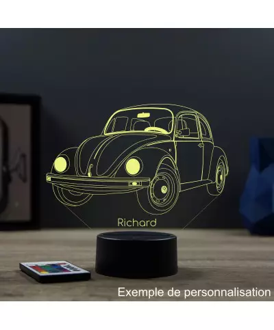 Lampe illusion 3D en verre acrylique gravée au laser représentant une voiture VW coccinelle cox.