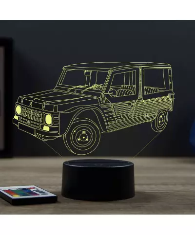 Lampe illusion 3D en verre acrylique gravée au laser représentant une voiture Citroën Méhari.