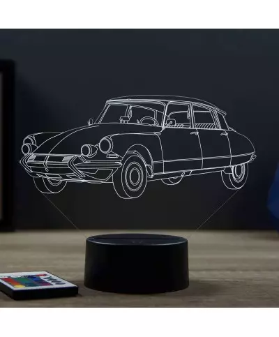 Lampe illusion 3D en verre acrylique gravée au laser représentant une voiture Citroën DS21 Pallas 1964.