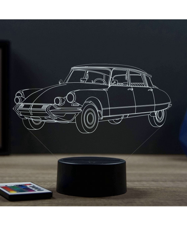 Lampe illusion 3D en verre acrylique gravée au laser représentant une voiture Citroën DS21 Pallas 1964.