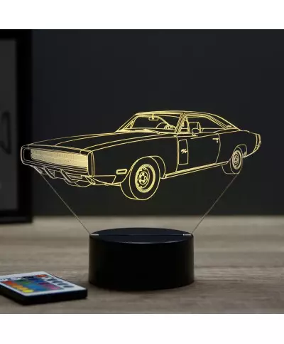Lampe illusion 3D en verre acrylique gravée au laser représentant une voiture Dodge Charger 1970.