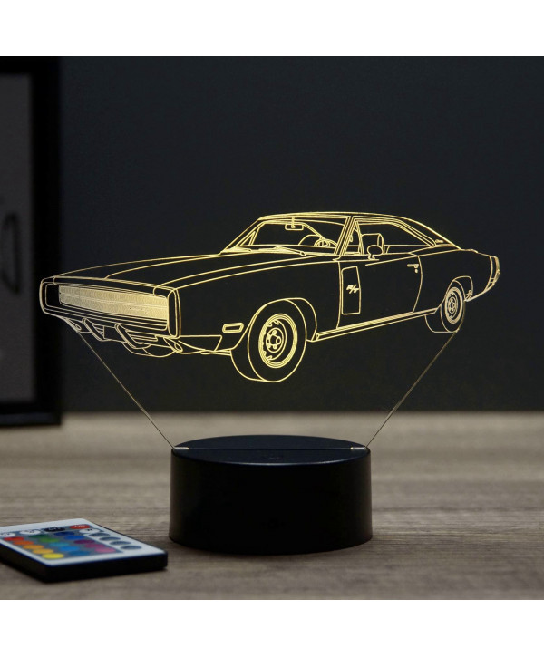 Lampe illusion 3D en verre acrylique gravée au laser représentant une voiture Dodge Charger 1970.