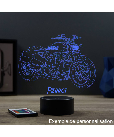 Lampe illusion 3D en verre acrylique gravée au laser représentant une moto Harley-Davidson Sportster S1250.