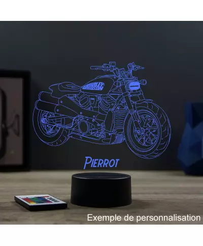 Lampe illusion 3D en verre acrylique gravée au laser représentant une moto Harley-Davidson Sportster S1250.