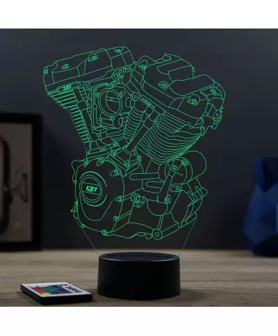 Lampe illusion 3D en verre acrylique gravée au laser représentant un moteur de Harley-Davidson.
