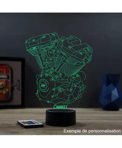 Lampe illusion 3D en verre acrylique gravée au laser représentant un moteur de Harley-Davidson.