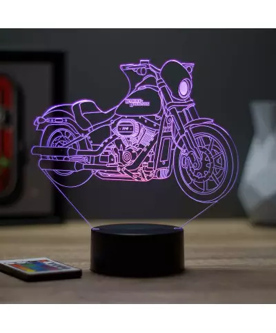 Lampe illusion 3D en verre acrylique gravée au laser représentant une moto Harley-Davidson Fat Bob.