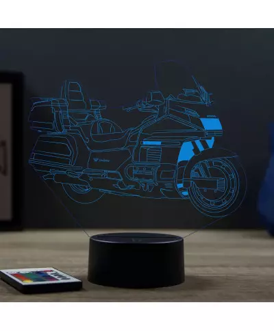 Lampe illusion 3D en verre acrylique gravée au laser représentant une moto Honda Goldwing 1500.