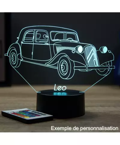 Lampe illusion 3D en verre acrylique gravée au laser représentant une voiture Citroën Traction B11 1954.