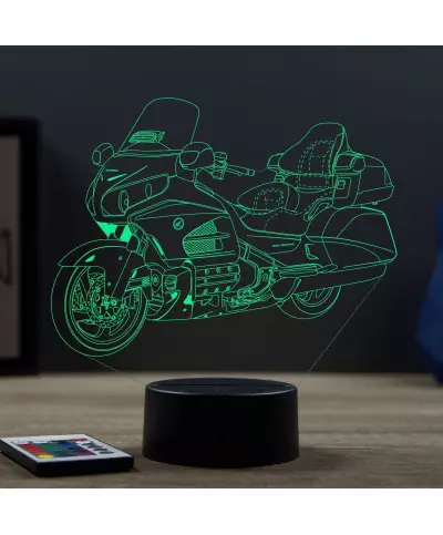 Lampe illusion 3D en verre acrylique gravée au laser représentant une moto Honda Goldwing 1800.