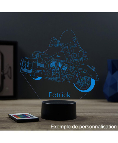 Lampe illusion 3D en verre acrylique gravée au laser représentant une moto Indian Vintage.