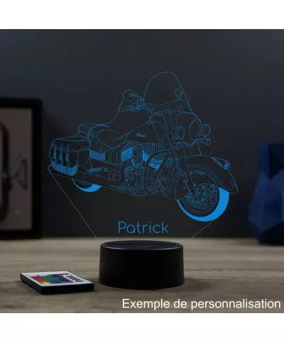 Lampe illusion 3D en verre acrylique gravée au laser représentant une moto Indian Vintage.