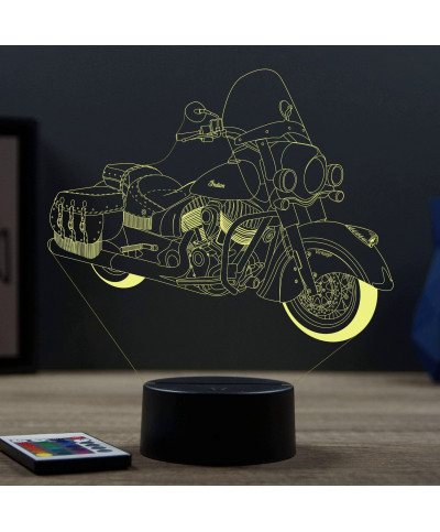 Lampe illusion 3D en verre acrylique gravée au laser représentant une moto Indian Vintage.