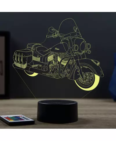 Lampe illusion 3D en verre acrylique gravée au laser représentant une moto Indian Vintage.