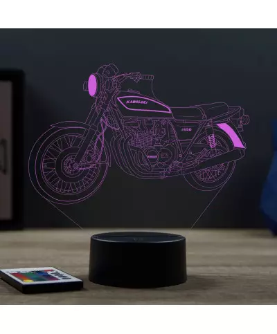 Lampe illusion 3D en verre acrylique gravée au laser représentant une moto Kawasaki Z650 B2.
