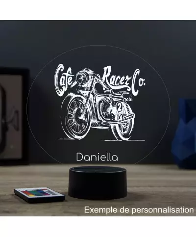 Lampe illusion 3D en verre acrylique gravée au laser représentant une moto Café Racer.