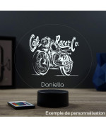Lampe illusion 3D en verre acrylique gravée au laser représentant une moto Café Racer.