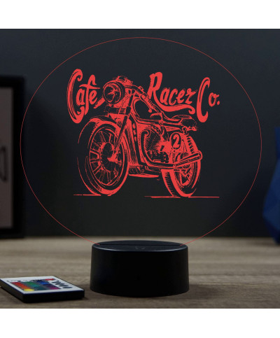 Lampe illusion 3D en verre acrylique gravée au laser représentant une moto Café Racer.