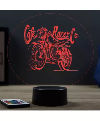 Lampe illusion 3D en verre acrylique gravée au laser représentant une moto Café Racer.