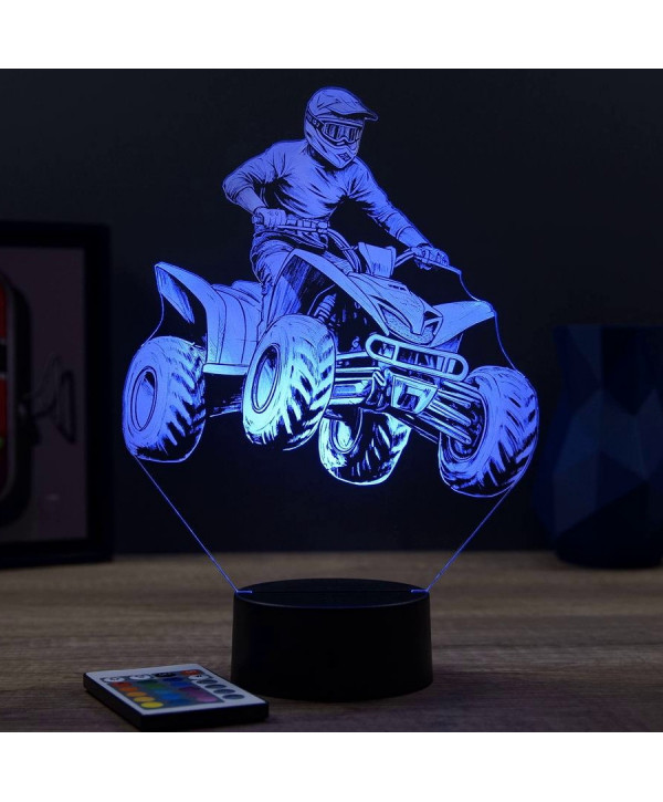 Lampe illusion 3D en verre acrylique gravée au laser représentant une moto quad.
