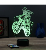 Lampe illusion 3D en verre acrylique gravée au laser représentant une moto de motocross.