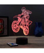 Lampe illusion 3D en verre acrylique gravée au laser représentant une moto de motocross.