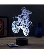 Lampe illusion 3D en verre acrylique gravée au laser représentant une moto de motocross.