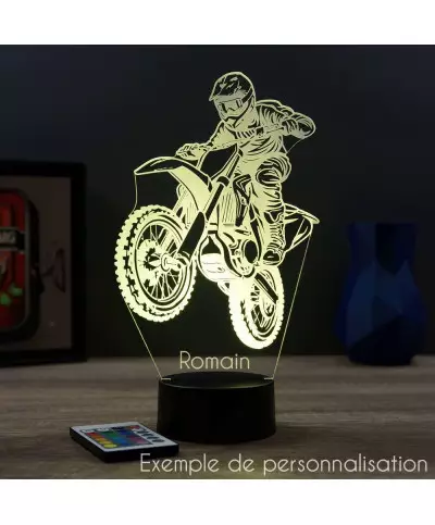 Lampe illusion 3D en verre acrylique gravée au laser représentant une moto de motocross.