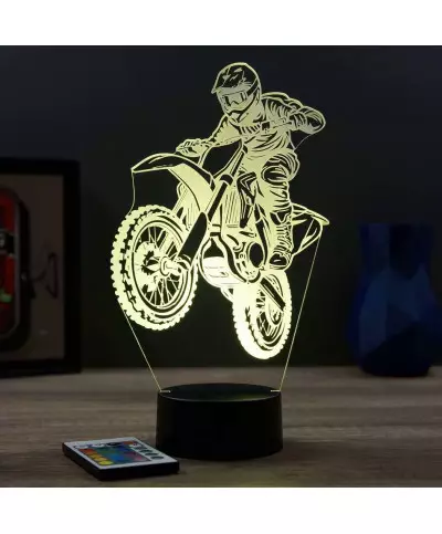 Lampe illusion 3D en verre acrylique gravée au laser représentant une moto de motocross.