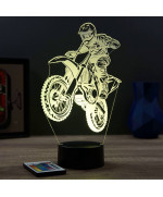 Lampe illusion 3D en verre acrylique gravée au laser représentant une moto de motocross.