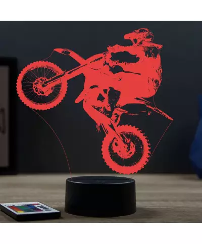Lampe illusion 3D en verre acrylique gravée au laser représentant une moto de motocross.