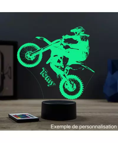 Lampe illusion 3D en verre acrylique gravée au laser représentant une moto de motocross.
