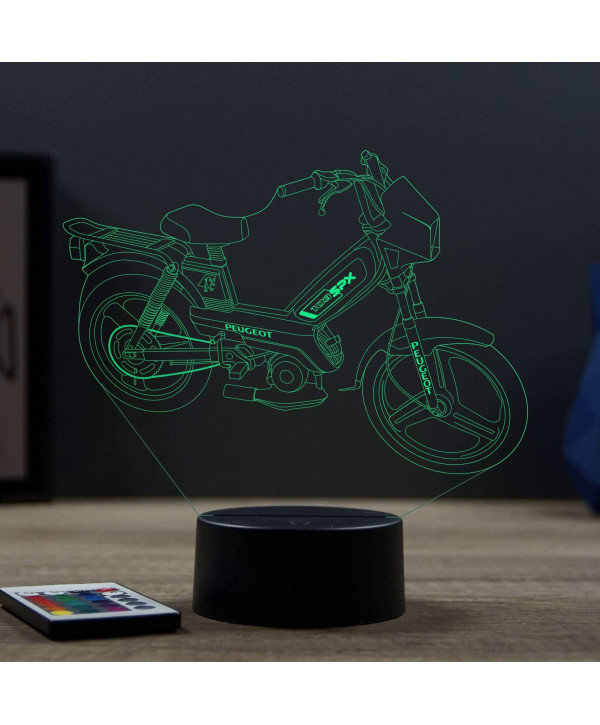 Lampe illusion 3D en verre acrylique gravée au laser représentant une mobylette Peugeot 103 SPX.