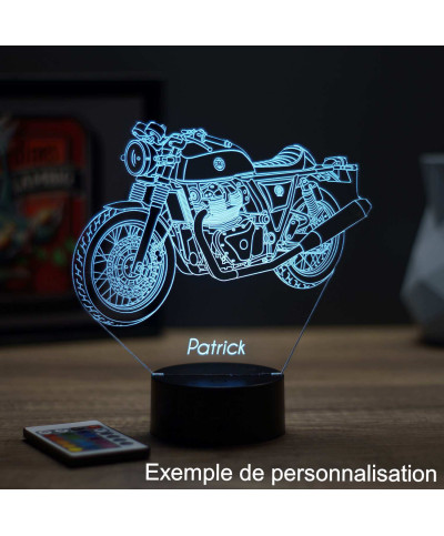Lampe illusion 3D en verre acrylique gravée au laser représentant une moto Royal Enfield Continental GT650.