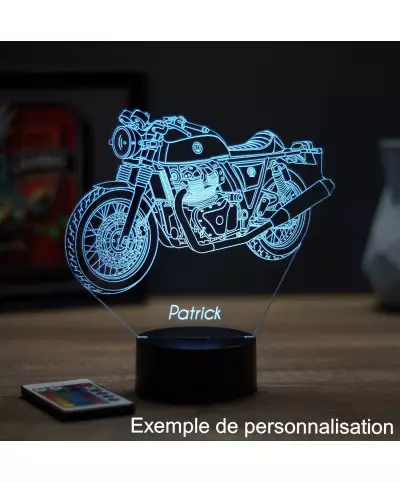Lampe illusion 3D en verre acrylique gravée au laser représentant une moto Royal Enfield Continental GT650.