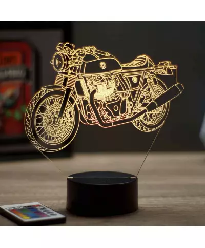 Lampe illusion 3D en verre acrylique gravée au laser représentant une moto Royal Enfield Continental GT650.