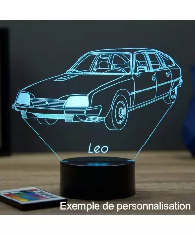 Lampe illusion 3D en verre acrylique gravée au laser représentant une voiture Citroën CX Pallas 1976.