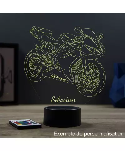 Lampe illusion 3D en verre acrylique gravée au laser représentant une moto Triumph Daytona.