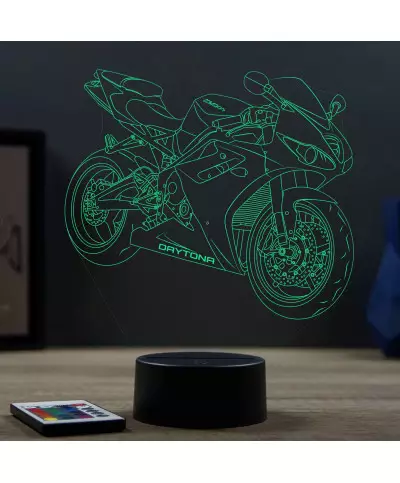 Lampe illusion 3D en verre acrylique gravée au laser représentant une moto Triumph Daytona.