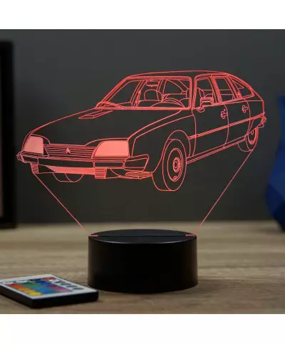 Lampe illusion 3D en verre acrylique gravée au laser représentant une voiture Citroën CX Pallas 1976.