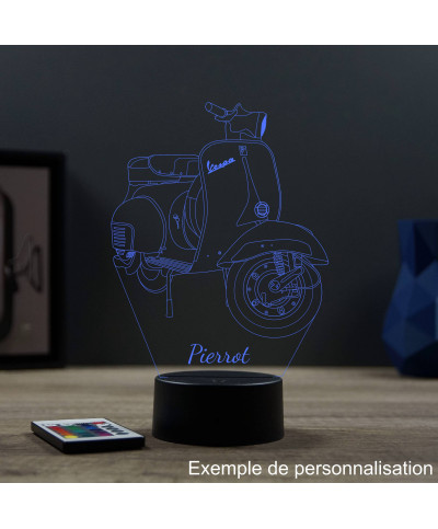 Lampe illusion 3D en verre acrylique gravée au laser représentant une moto Piaggio Vespa.
