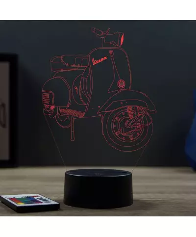 Lampe illusion 3D en verre acrylique gravée au laser représentant une moto Piaggio Vespa.