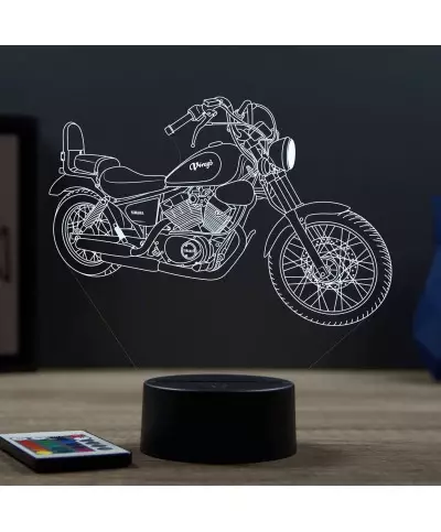 Lampe illusion 3D en verre acrylique gravée au laser représentant une moto Yamaha Virago 125.