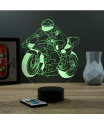 Lampe illusion 3D en verre acrylique gravée au laser représentant une moto de course de MOTOGP.