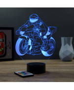 Lampe illusion 3D en verre acrylique gravée au laser représentant une moto de course de MOTOGP.