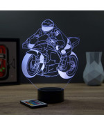 Lampe illusion 3D en verre acrylique gravée au laser représentant une moto de course de MOTOGP.