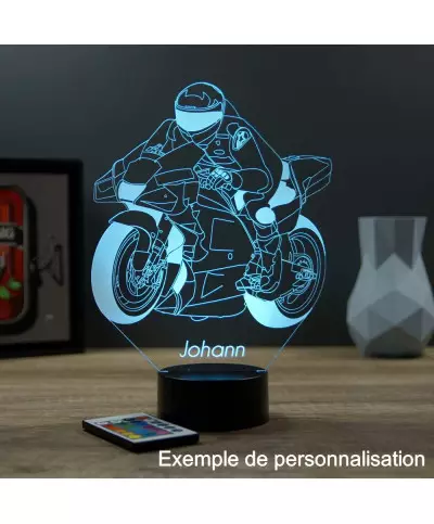 Lampe illusion 3D en verre acrylique gravée au laser représentant une moto de course de MOTOGP.
