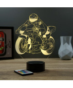 Lampe illusion 3D en verre acrylique gravée au laser représentant une moto de course de MOTOGP.