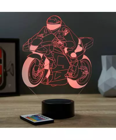 Lampe illusion 3D en verre acrylique gravée au laser représentant une moto de course de MOTOGP.