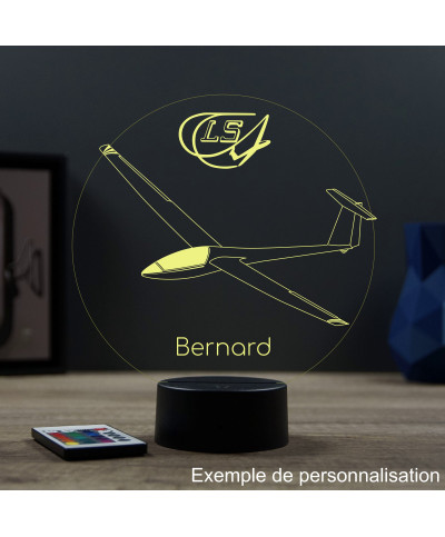 Lampe illusion 3D en verre acrylique gravée au laser représentant un avion Planeur Rolladen-Schneider LS4.